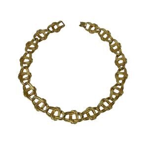 1990s Ewrin Pearl Gold Plate Open Design Knotted Ribbon Link Choker Necklace